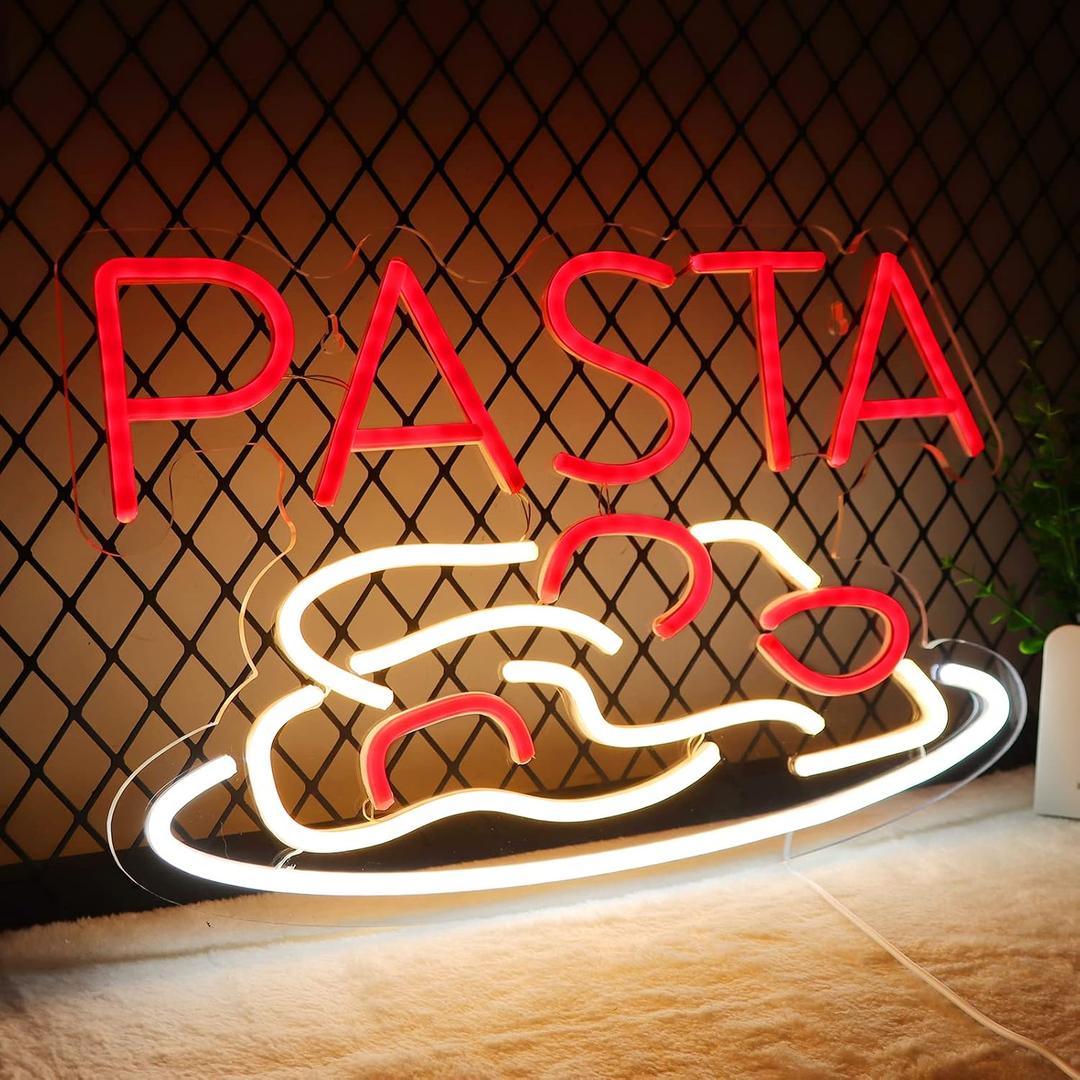 Pasta Neon Signs for Wall Decor Neon Lights for Bedroom Led Business Signs Suitable for Italian Pasta Restaurant Noodle Unique Gift for Lover 5V Power Adapter 16 * 10.6 Inch(Red+White)