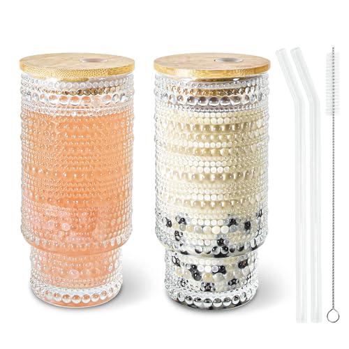 Icesip 2 Pcs 16 oz Glass Cup with Lids and Straws Brush Hobnail Vintage Glasswar for Juice Iced Coffee Soda Cocktail Whiskey(Hobnail*2)