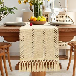 8 x OTOSTAR Boho Table Runner Beige Macrame Table Runners with Tassels Woven Table Runner 72 Inches Long Rustic Farmhouse Table Runners for Kitchen Dining Room Home Decor 12x72 Inch (Beige)