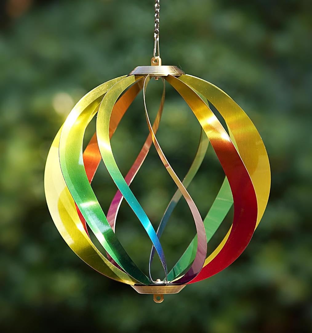 Hanging Wind Spinners Outdoor - Assembly Required Garden Wind Spinners, Spring Metal Yard Decor with Dual Hooks for DIY Accessories, Weatherproof Rust-Resistant 3D Ball (Rainbow, 8 Inch)
