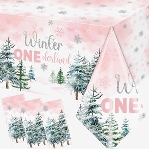 3Piecs Onederland 1st Birthday Girl Tablecloth, Disposable Pink Snowflake 1st Birthday Table Cover Winter Wonderland Table Cloth for Wonderland Baby Shower Decorations