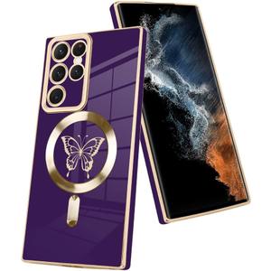 Fiyart Designed for Samsung S22 Ultra Compatible with MagSafe Wireless Charging,Cute Butterfly Phone Case with Camera Lens Protector for Women Girls Men for S22 Ultra 6.8"- Purple