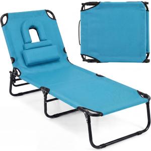 GYMAX Tanning Chair, Folding Lounge Chairs with Face Hole & Cover, Removable Pillow Carry Handle, Portable Compact Outdoor Layout Recliner for Beach, Poolside, Lawn, Patio, Camping (Turquoise,1)