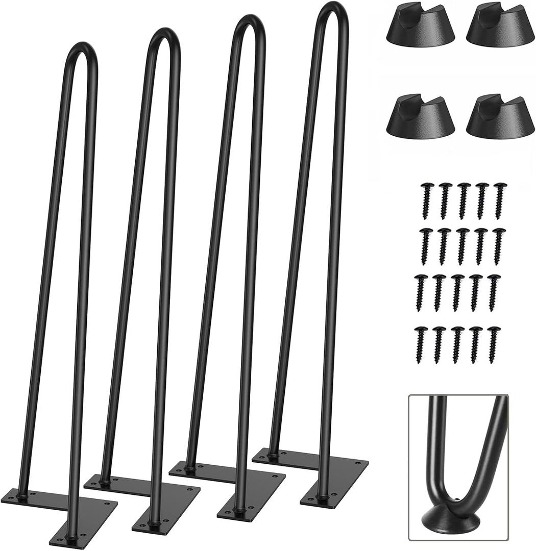 CWLOTAC 16'' Hairpin Coffee Table Legs Set of 4-3 Solid Rods with Metal Desk Table Legs - Industrial Home DIY for Bench Legs, Dining Table Legs, Bar Height Table Legs - 4PCS Rubber Floor Protectors