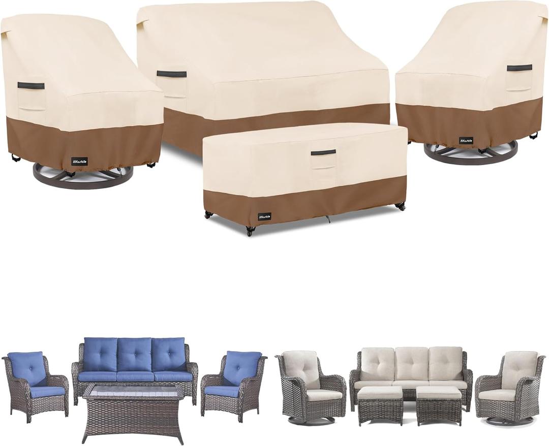 Patio Furniture Covers 4 Piece Set, 600D Waterproof Heavy Duty Outdoor Furniture Covers,Fit Wicker Patio Sofa, Swivel Rocker Chair and Coffee Table,Beige&Brown (X-Large)