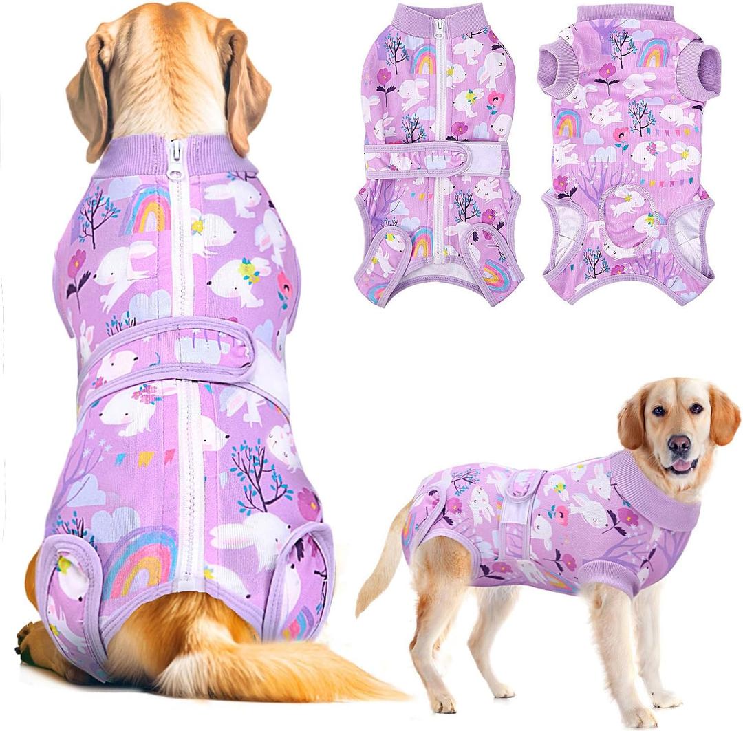 Lukovee Recovery Suit for Dogs, Zipper On Dog Surgery Suit for Female Male Dog, Onesies Bodysuit Prevent Licking Spay Abdominal Wounds Bandages E-Collar Alternative (Purple, XL)