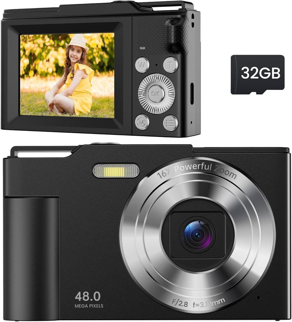 Digital Camera for Kids: Black Camera for Teens - Christmas Birthday Gifts for Boys Girls 8-10 - Toys for Girls 8-13 - Compact Camera for 6 7 8 9 10 Years Old- Toys for Kid Children Toddler