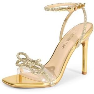 DREAM PAIRS Women's Double Bowknots Crystal Sandals Clear Slingback Heels Square Toe Shoes for Party Wedding Size 7.5