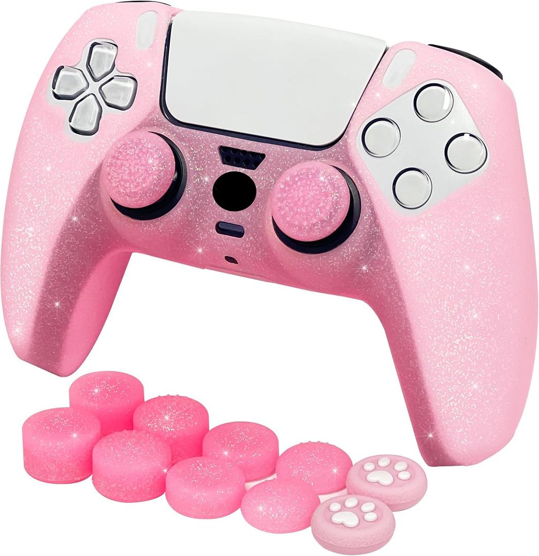 Pink Glitter Anti-Slip Protective Silicone Cover Skin Grips Compatible with PS5/Slim/Pro Controller,8 PCS Glitter Thumb Grips Caps and 2 Grips Caps. (Glitter Pink)