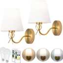 TREELAND Antique Brass Bow Wall Sconces with 110V Dimmable Remote Bulb, 3 Color Tempture, Timmer Function, Hardwire or Plug-in Cord Set of Two Vintage Gold Wall Lamp Light for Bedroom Living Room