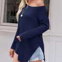 Tankaneo Womens Off The Shoulder Tops Casual Long Sleeve T Shirts Irregular Hem Split Tunics Loose Fall Blouse Shirt (Blue, M)