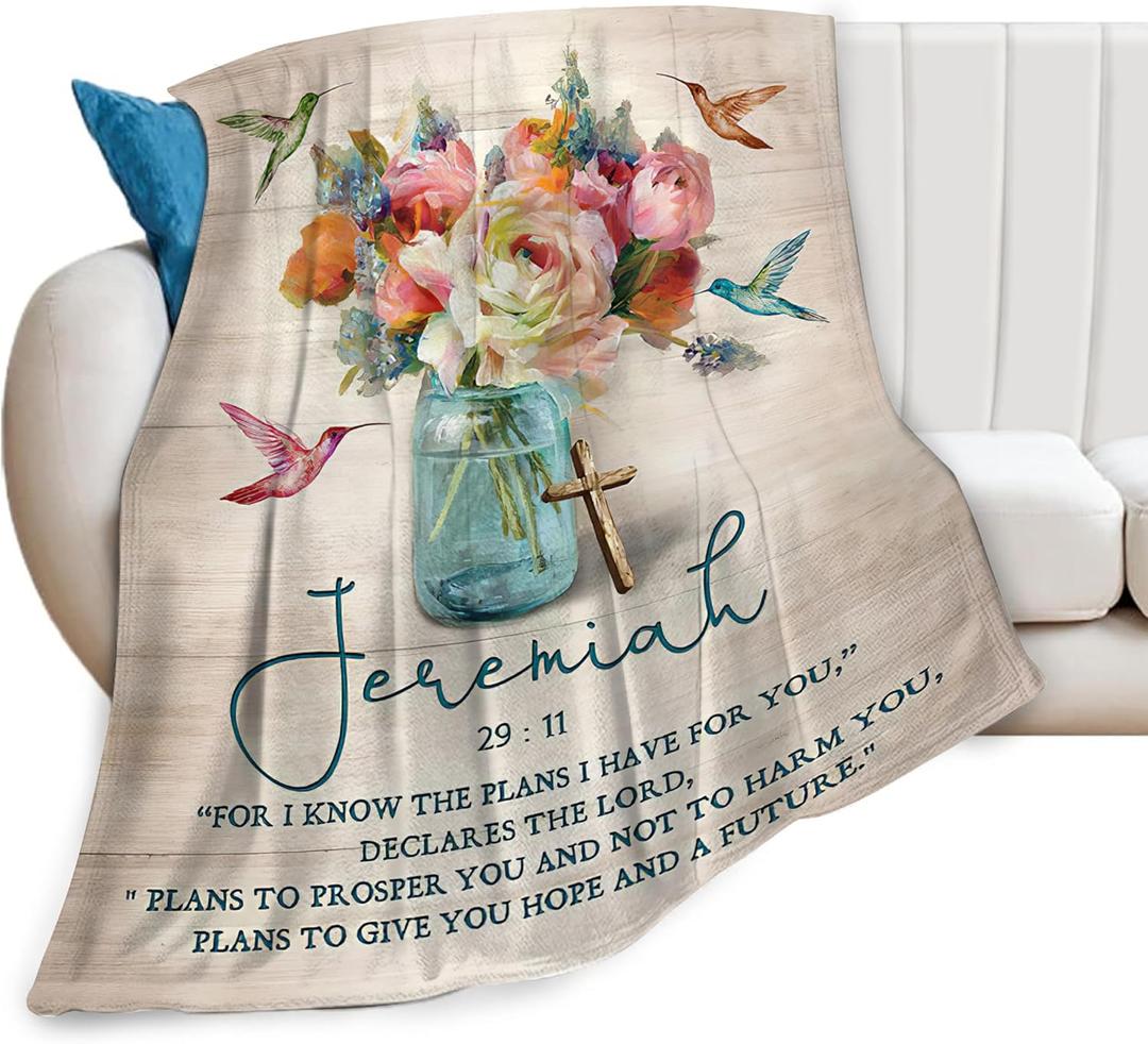 Christian Blanket Plush Cozy Religious Bible Verse Throw Blankets Gifts for Women Men Girls Flannel Fleece Ultra Soft Fuzzy Flower Hummingbird Party Blanket 50"X40"