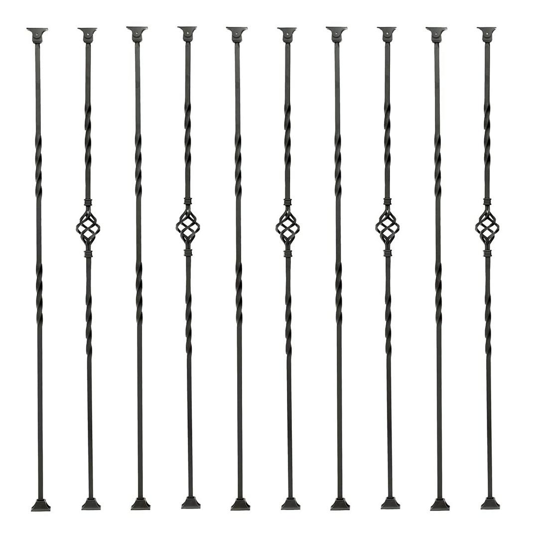 1/2 inch Wrought Iron Balusters 1/2" x 44" Hollow Single Basket Black Iron Spindles Double Twist Square Metal Balusters Stair Satin Black Railing with Adjustable Iron Baluster Swivel Shoes Set of 10