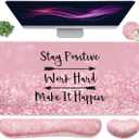 Large Mouse Pad and Keyboard Wrist Rest, Desk Pad for Keyboard and Mouse, 4-in-1 Large Gaming Mouse Pad with Wrist Support, Desk Mat for Home Office Study Game-Pink Stay Positive