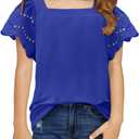 Yoklass Girls Casual Shirts Square Neck Ruffle Sleeve Tops Solid Loose Blouses (Blue, XXL)