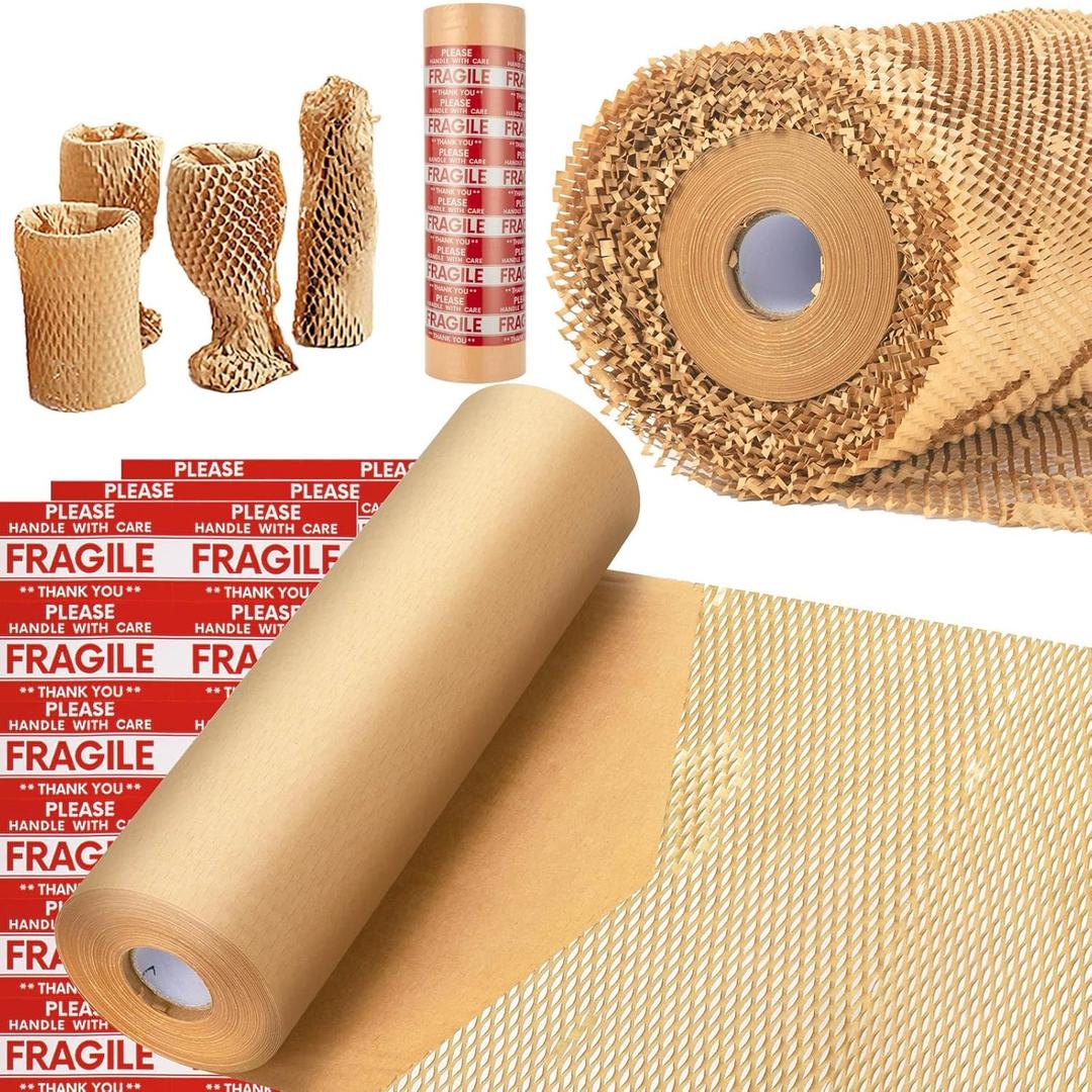 Honeycomb Packing Paper, MINHAO 15"x300' Eco Friendly Packing Paper for Moving Recyclable Honeycomb Paper Moving Supplies Bubble Paper Wrapping Protective Roll, With 36 Fragile Sticker Labels (Brown)