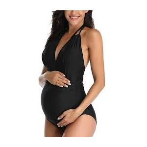 EastElegant Maternity Swimsuits One Piece V-Neck Pregnancy Swimwear Halter Maternity Bikini Black   XL