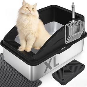 Stainless Steel Cat Litter Box with Enclosure, Large Litter Box for Cats and Kittens, Smooth Easy Clean Interior, Durable Metal Design with Cover, Litter Shovel, Pad and Footboard Included (Black)