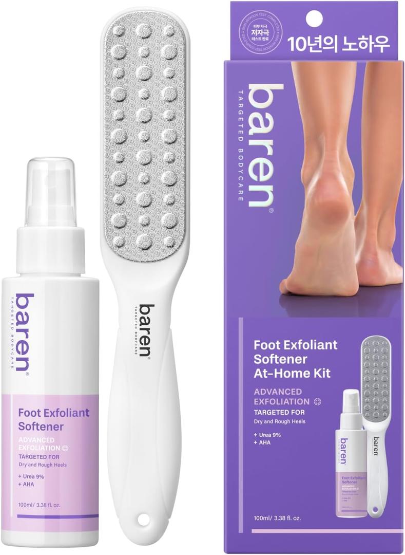 Baren Foot Callus Remover Kit |1-Min Spray & Peel |13 Naturally derived ingredients |Professional Level Gentle Removal of Dead Skin |Premium Grade Stainless Steel |3.3oz Callus Peeling Spray+Foot File