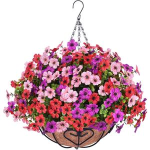 Waipfaru Artificial Flowers for Outdoors, Fake Hanging Plants Flowers with Basket, Faux Green Plant in Metal Coconut Lining Pot, Daisy with Eucalyptus Leaves for Summer Decor(Red Pink Purple)