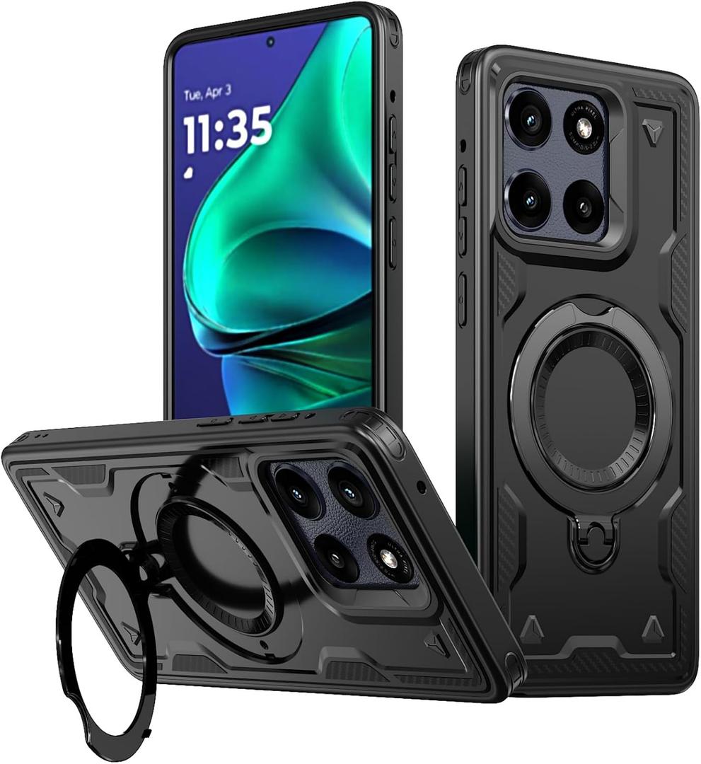 Military Grade Protection Heavy Duty Case for Motorola Moto Edge 60 Series, Black with Rotating Ring Kickstand