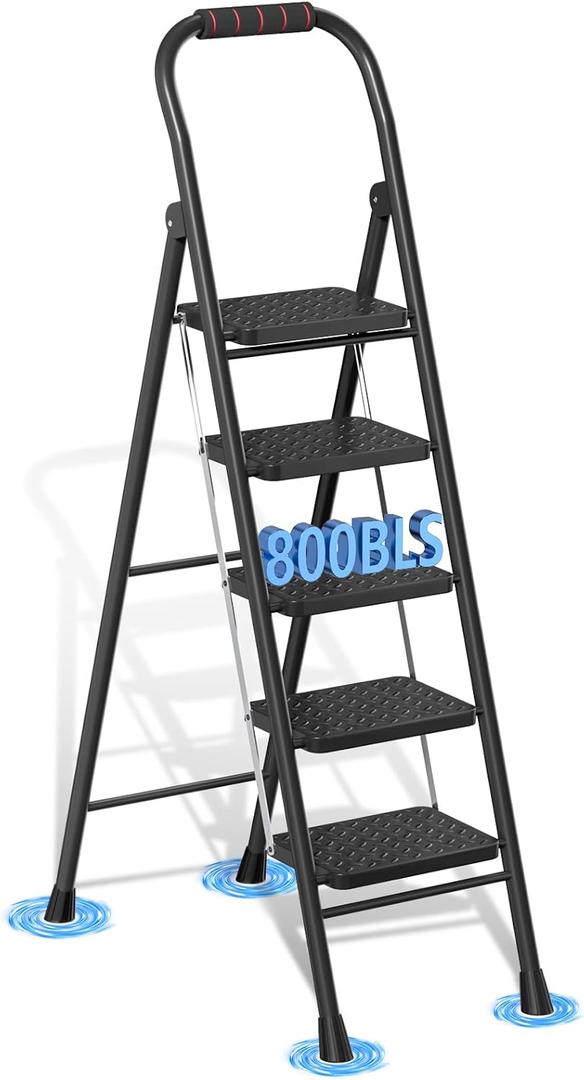 5 Step Ladder, Folding Step Stool with Wide Anti-Slip Pedal & Thick Rubber Feet, Handrail, Safe-Lock Design, Folding Portable Ladder for Multi-Purpose, 800lb, Black