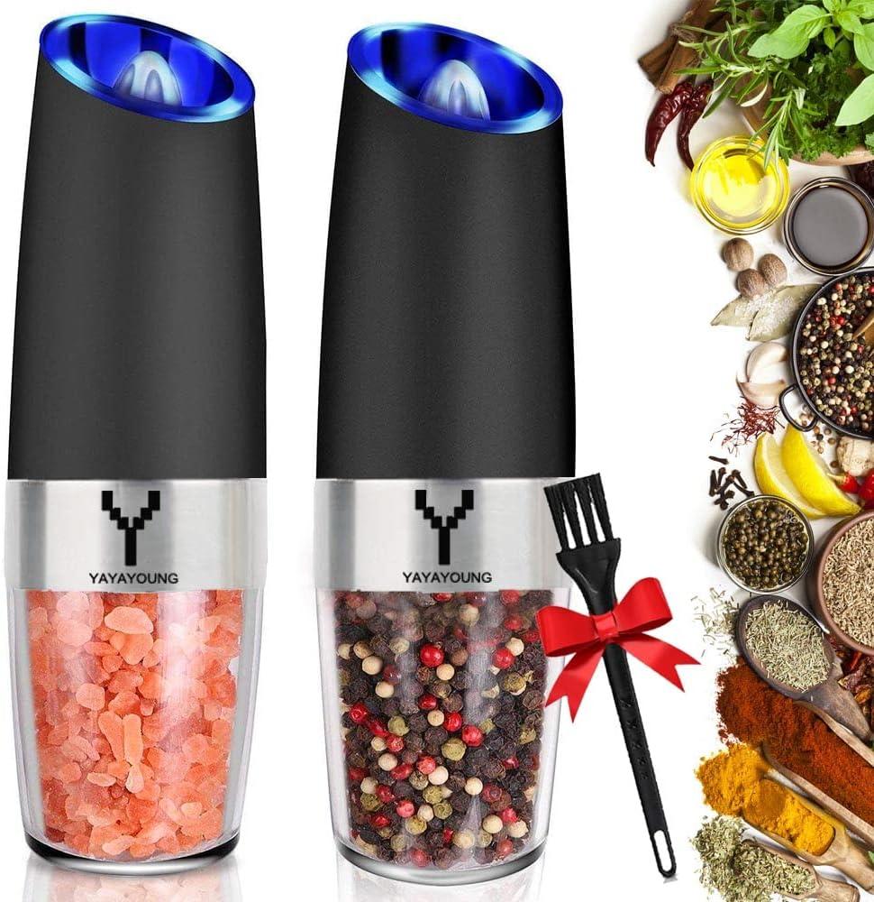 Gravity Electric Grinder set of 2,Automatic Pepper and Salt Mill Grinder with Blue LED LIGHT,Electric Pepper Mill with Adjustable Coarseness,Refillable,salt and pepper shaker,pepper grinder (Black)