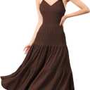 Women's Spaghetti Strap V Neck Dress Tiered Pleated Casual Beach Sundress (M)