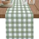 Sage Green Table Runner 60 Inches Long Cotton Linen Tablerunner Dresser Scarves, Country French Rustic Buffalo Plaid Check Burlap Kitchen Dinner Cafe Table Runners Table Decor for Coffee/Party/Wedding