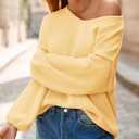 Saodimallsu Womens Oversized V Neck Sweaters Chunky Knit Lantern Long Sleeve Fall Winter Slouchy Tunic Sweater Tops (Yellow, L)