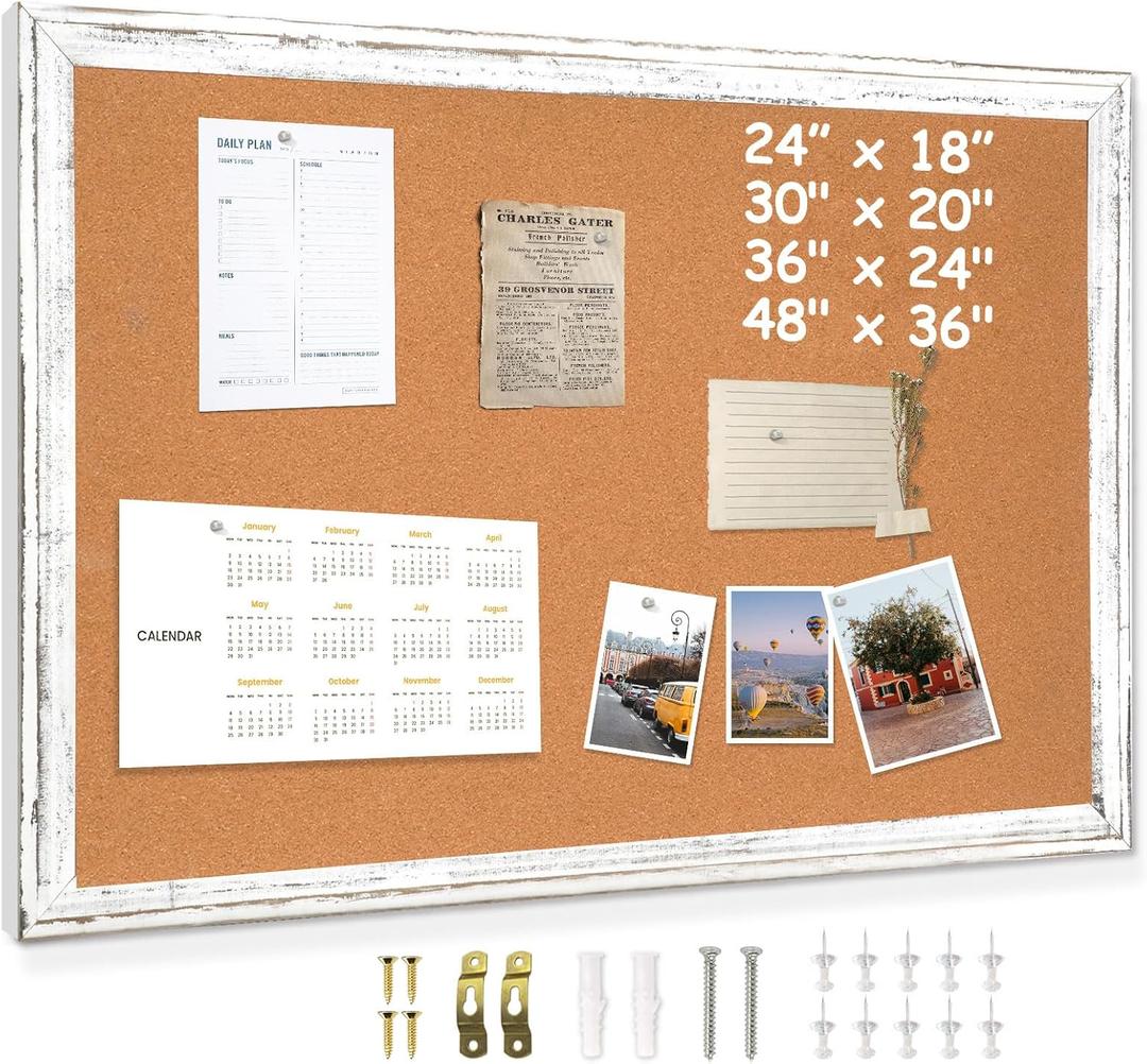 DOLLAR BOSS White Cork Board for Wall - 48 X 36 Inches, Rustic Wooden Frame Large Bulletin Board, Decorative Hanging Pin Board for Office & Home Decor