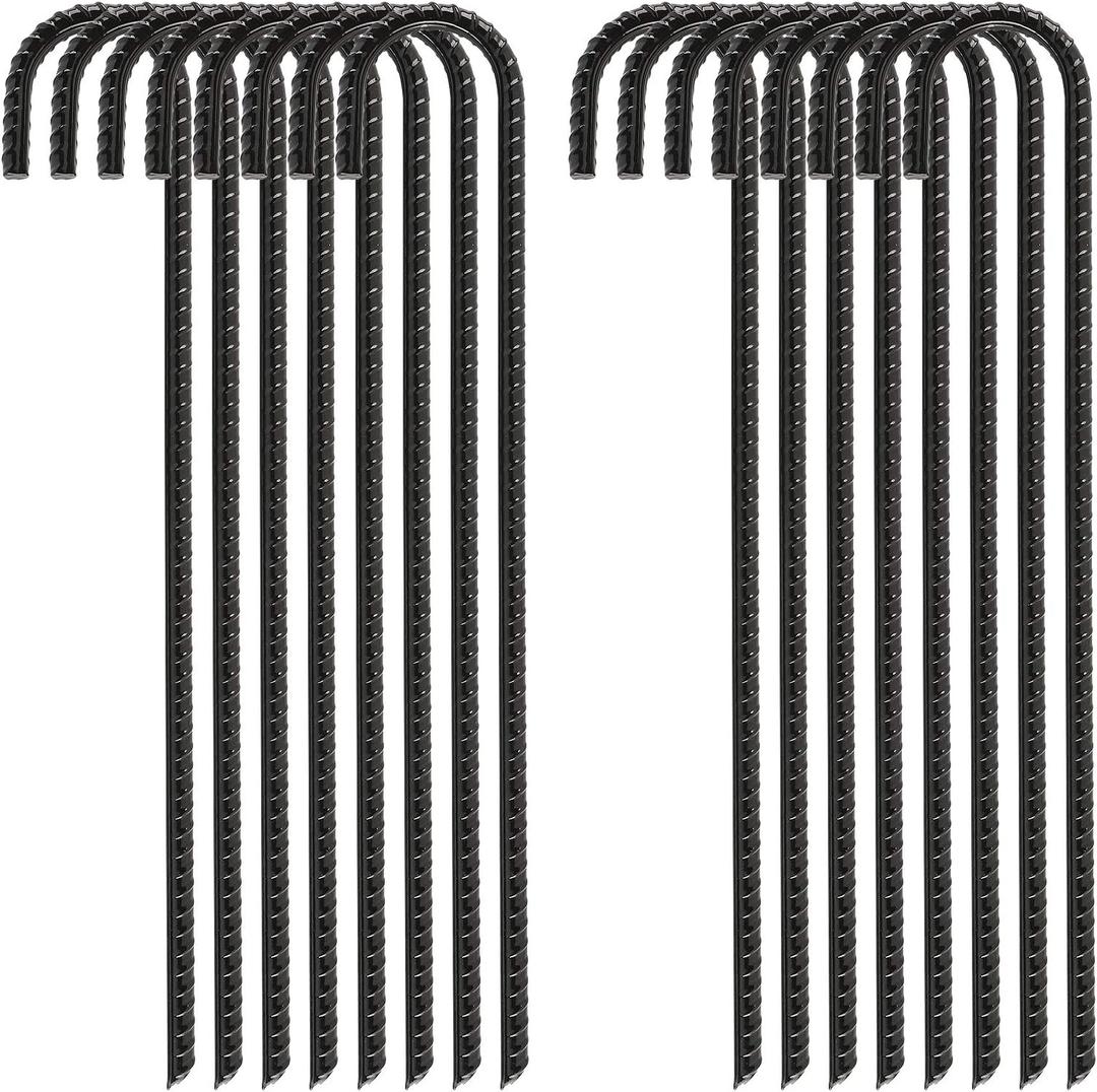 FEED GARDEN 16 Inch 16 Pack Rebar Stakes Heavy Duty J Hook, Galvanized Steel Ground Stakes Tent Stakes Ground Anchors, Chain Link Fence Stakes, Trampoline Stakes, Black