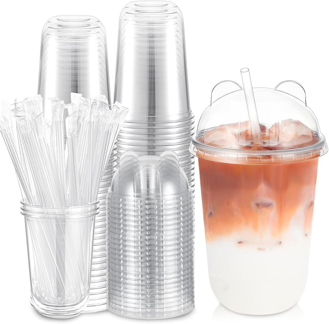 16oz 50 Set Plastic Cups with Lids and Straws, Disposable Clear Iced Coffee Cup with Lids Round Bottom Plastic Cup for Cold Beverage Drinks Juice Smoothie Coffee Shops Party(Panda Lid)