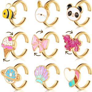 9 Pcs Fidget Anxiety Rings Rotatable Open Ring Set Cute Colorful Spinner Rings for Anxiety Stackable Rotating Calming Worry Adjustable for Women Lady Mood Relieve Stress