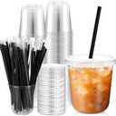 50 Set 12 oz Clear Plastic Cups with Lids and Straws, PET Disposable Iced Coffee Cups for Drinking Cold Beverage Juice Parfait Smoothie Milkshake Coffee Shops Party Supplies (Clear)