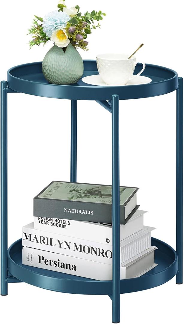Danpinera 2-Tier End Table, Outdoor Side Table Metal Round Side Table with Removable Tray, Small Accent Table, Anti-Rust Nightstand for Bedroom Balcony Patio Living Room (Navy Blue)