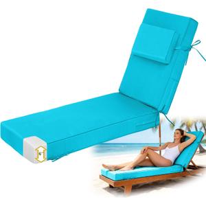 Chaise Lounge Cushions Outdoor 72x21x6 Inch, Fade Resistant 6'' Thicken Outdoor Lounge Chair Cushion with Headrest, Water-Resistant Patio Lounger Pad with Straps, Lake Blue