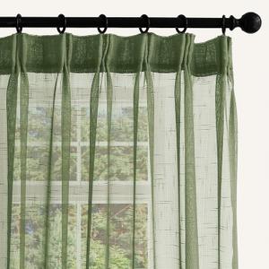 Sage Green Linen Look Sheer Curtains 102 Inches Long 2 Panels, Rustic Textured Light Filtering Drapes, Elegant Window Decor, Floor to Ceiling Pinch Pleat Curtain with Hooks