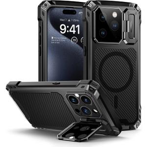 Lanhiem for iPhone 15 Pro Metal Case, [Built-in Camera Kickstand & Glass Screen Protector] Protective Heavy Duty Full Body Military Rugged Shockproof Magnetic Cover for iPhone 15 Pro 6.1" (Black)