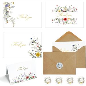 100 Pack Wildflower Thank You Cards With Envelopes Set (4"x6") - Elegant Gold Foil Thank You Notes With Adhesive Envelopes & Matching Stickers for Wedding, Bridal Showers, Baby Showers, Birthday, All Occasion