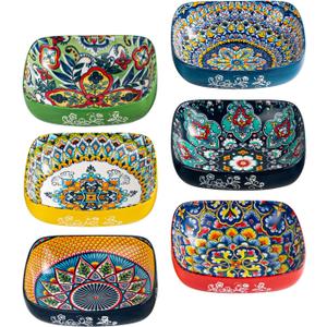 HENXFEN LEAD Boho Ceramic Square Bowls  20 oz Colorful Bowls for Snacks, Dessert, Side Dishes, Pasta - 6 Inches Appetizer Plates Set of 6, Microwave & Dishwasher Safe