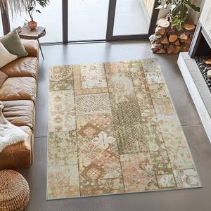 jinchan Boho Area Rug 6x9 Vintage Living Room Rug Patchwork Washable Tribal Mat Indoor Floral Print Decor Non Slip Soft Carpet for Bedroom Kitchen Dining Room Home Office Tan/Pink