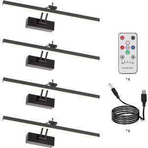 4 Pack Battery Picture Lights, 5200mAh Rechargeable Picture Lights with Remote Timer & Dimmable, CRI95+ 16" Adjustable Art Light for Paintings Display, Frame, Gallery, Wall Art Accent Light, Black