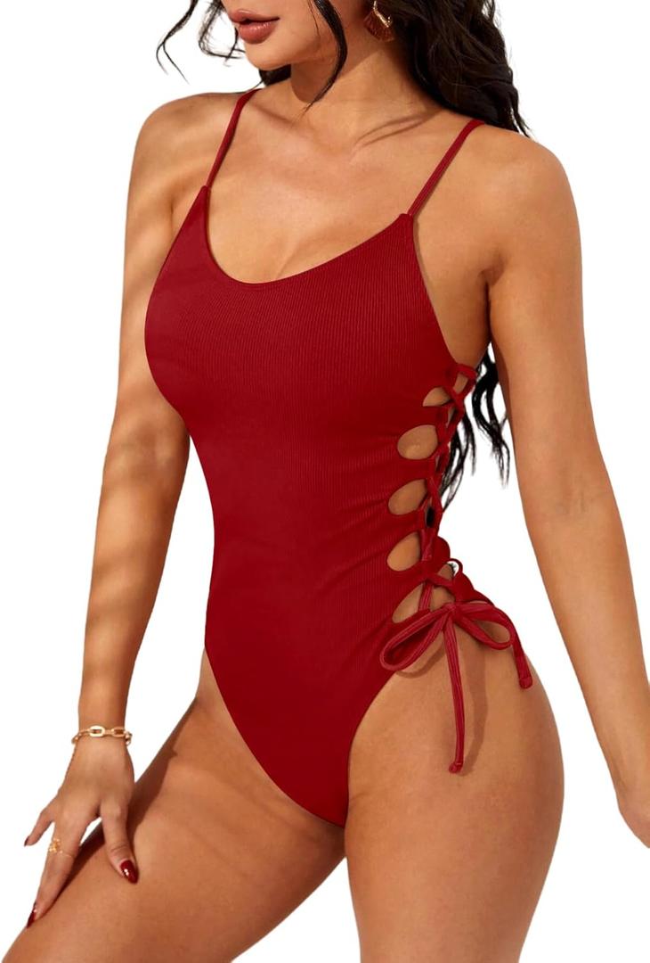 Narecte One Piece Swimsuit Women Bathing Suit Sexy High Cut Women's One-Piece Swimsuits Monokini One Piece Bathing Suit (Medium, Red)