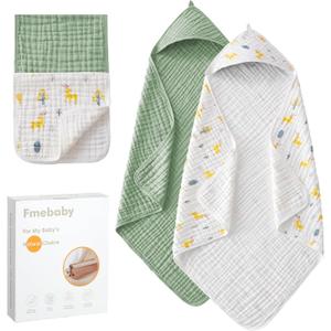 Hooded Baby Towels for Newborn, 2 Pack 36x36Inch Muslin Cotton Baby Bath Towel and 2 Pack 12x12Inch Washcloth Set with Hood for Babies, Toddler and Kids, Essentials Must Haves(Green and Deer)