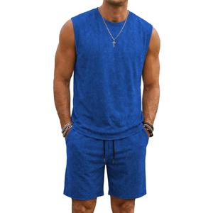 JMIERR Men's Retro Washed Sleeveless T-Shirt & Shorts Set, L, Blue