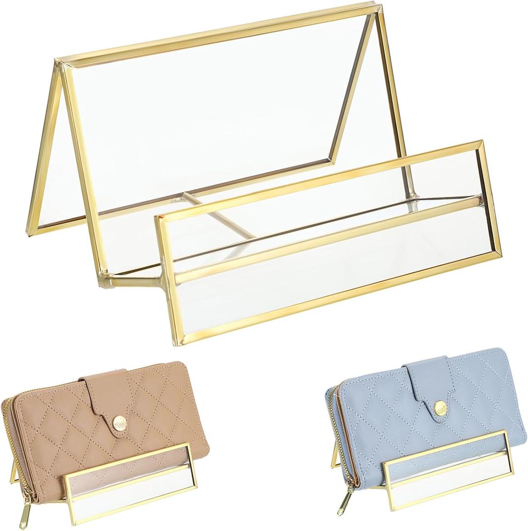 JUXYES Luxurious Wallet Display Stand, Golden Glass Purse Display Holder Modern Handbag Display Rack for Boutique, Retail Countertop Display Stand for Handbags, Purse, Clutches, Wallet
