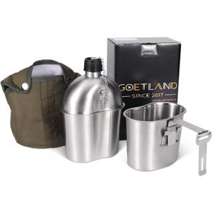 Goetland Stainless Steel WWII US Army Canteen Water Bottle Military Canteen Kit 1QT with 0.5QT Cup Nylon Pouch G.I.