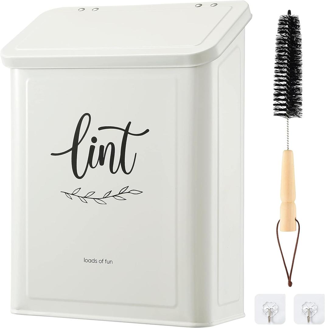 PERFNIQUE Magnetic Lint Bin for Laundry Room with Lint Brush, Wall Mounted Lint Holder Trash can with lid for Dryer, Modern Farmhouse Rustic Metal Laundry Room Storage Organization and Decor(White)