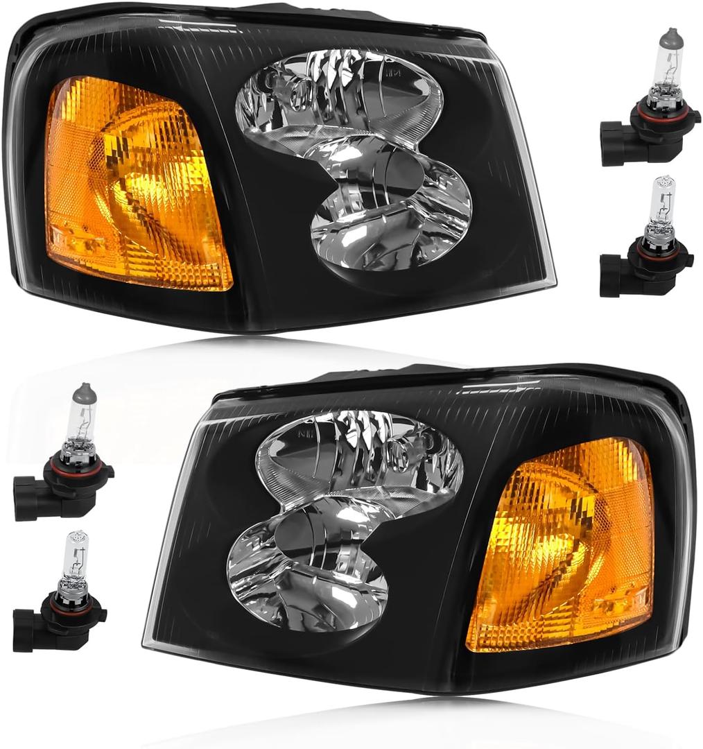 Headlight Assembly Compatible with GMC Envoy 2002-2009 Halogen Type Head Lamp, OE-Style Headlight Replacement for 15866070 15866071 GM2502220 GM2503220, Black Housing+Amber Reflector